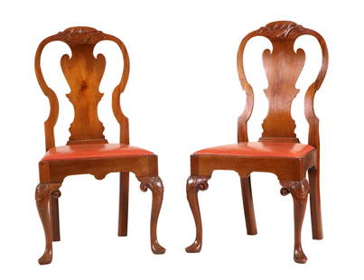 Pair of Queen Anne Carved Mahogany Side Chairs: New York, ca. 1750-1770Each 40"h