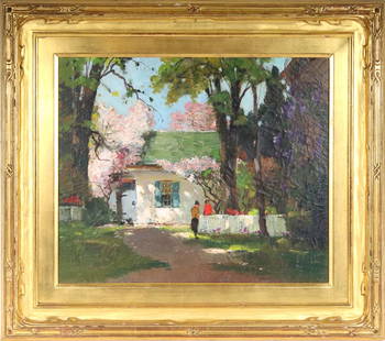 Anthony Thieme, Oil on Canvas, "Springtime": (1888-1955) of a house with a white fence and two figures, possibly initialed "AT" l.c.Overall: 29-1/2"h x 34"wSight: 19-1/4"h x 23-1/4"wProvenance: Robert C. Slack, Atlanta, GAExhibition: Rockport