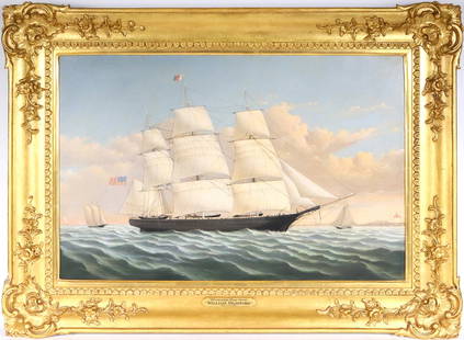 William Bradford, "Whaleship Daniel Wood": (1823-1892) oil on canvas, depicting the whaleship passing the lighthouse at Dumpling Rock at the western entrance of New Bedford Harbor, signed l.r.RelinedOverall: 28"h x 38"wSight: 19-1/2"h x