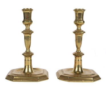 Pair of George III Cast Brass Candlesticks: English, 18th C.Each 7-1/4"h