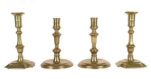 Two Pairs of George III Cast Brass Candlesticks: 18th C., one pair with Sotheby's label 1273/4Heights from 6-1/2"h to 7-1/2"hProvenance: Israel Sack Inc., New York, NY; Sotheby's, 'Selections from Israel Sack, Inc.', January 22nd, 2002, Lot 1273