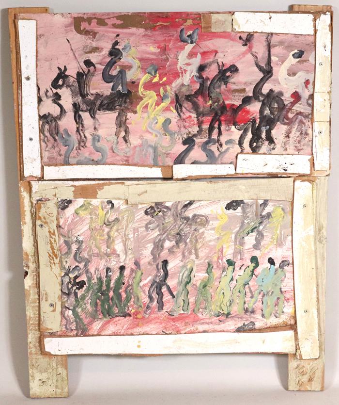 Purvis Young, House Paint on Masonite, Untitled: (1943-2010) double panel with figures and horses 35"h x 27"w Provenance: Property from the NAMITS Collection
