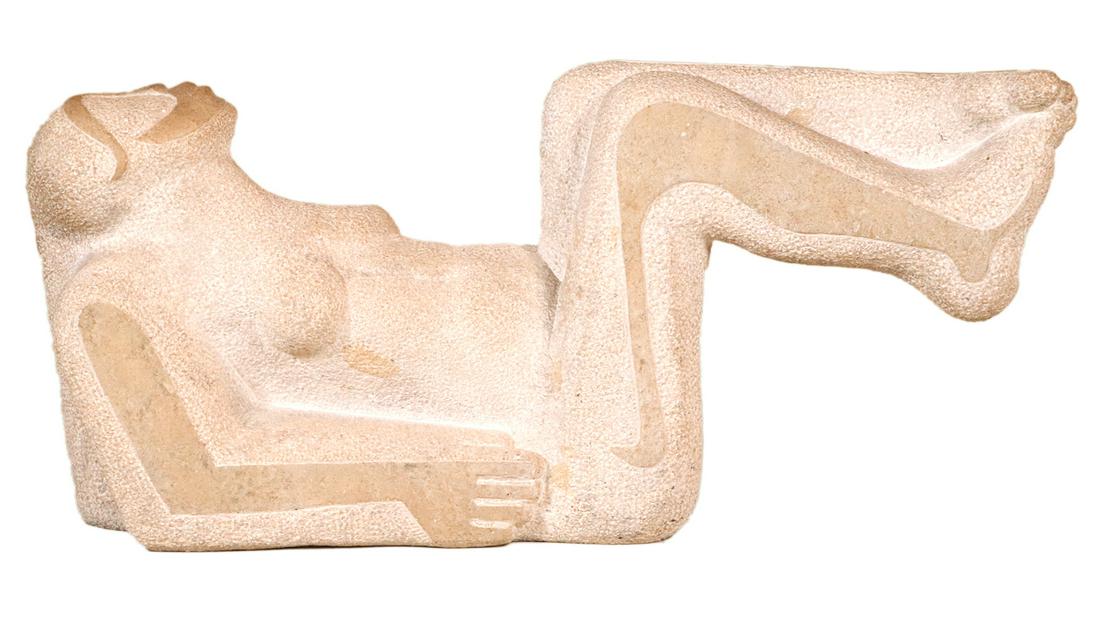 Modern Stone Sculpture of a Reclining Nude Woman: 20th C., appears to be unsigned 15"h x 33-1/2"w x 6"d