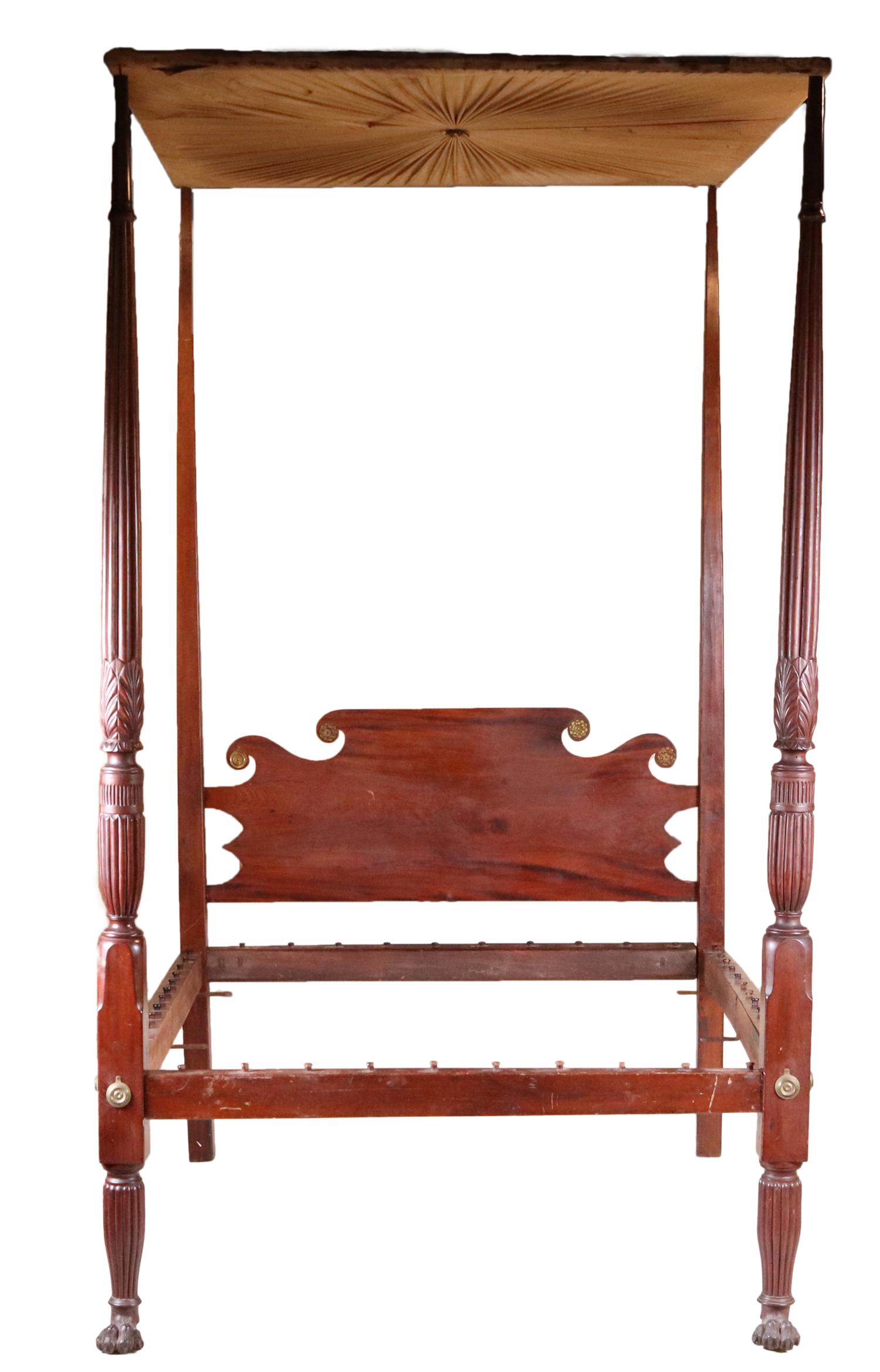 Federal Carved Mahogany Four Post Tester Bed: New York, ca. 1815-20, attributed to Duncan Phyfe, with lion's paw feet. 8'9"h x 6'7"l x 4'10"w