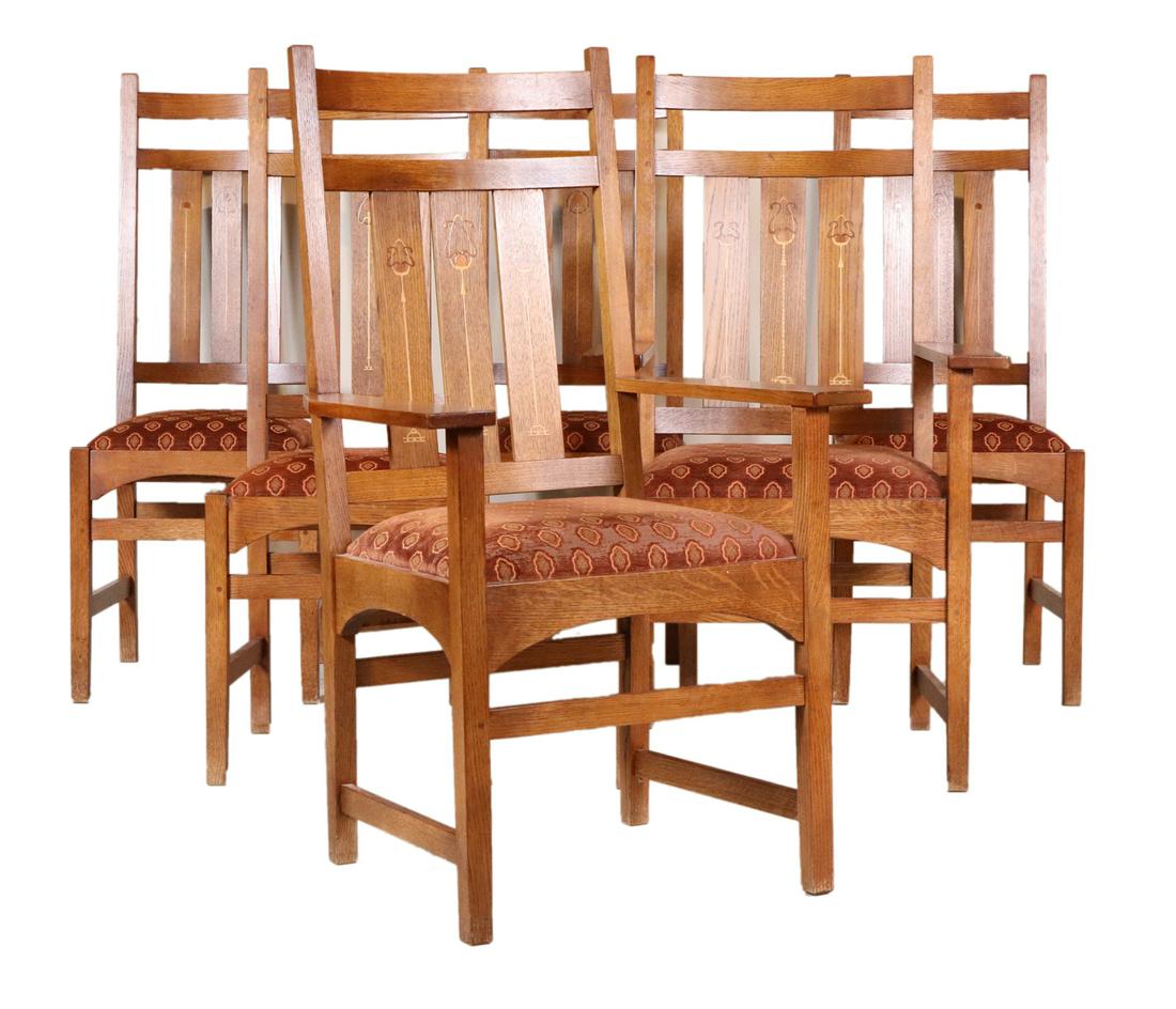 Six Stickley Inlaid Oak Dining Chairs (1 of 14)