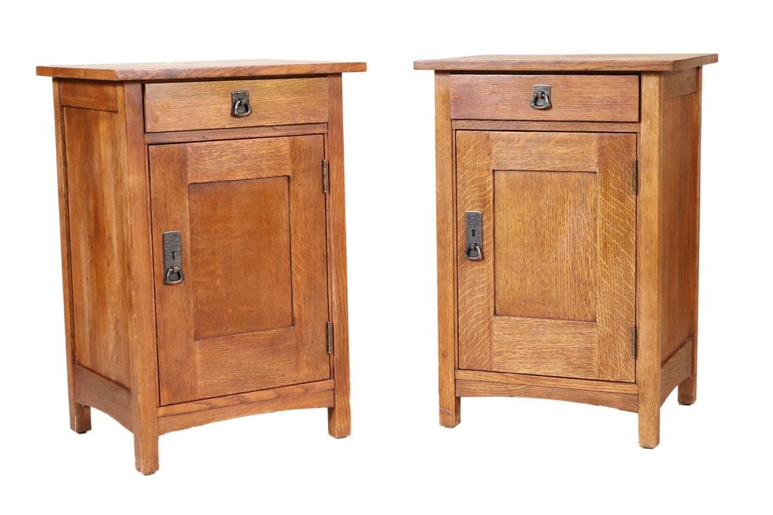 Pair of Stickley Oak Nightstands: Labeled in drawer. 29"h x 20"w x 16"d