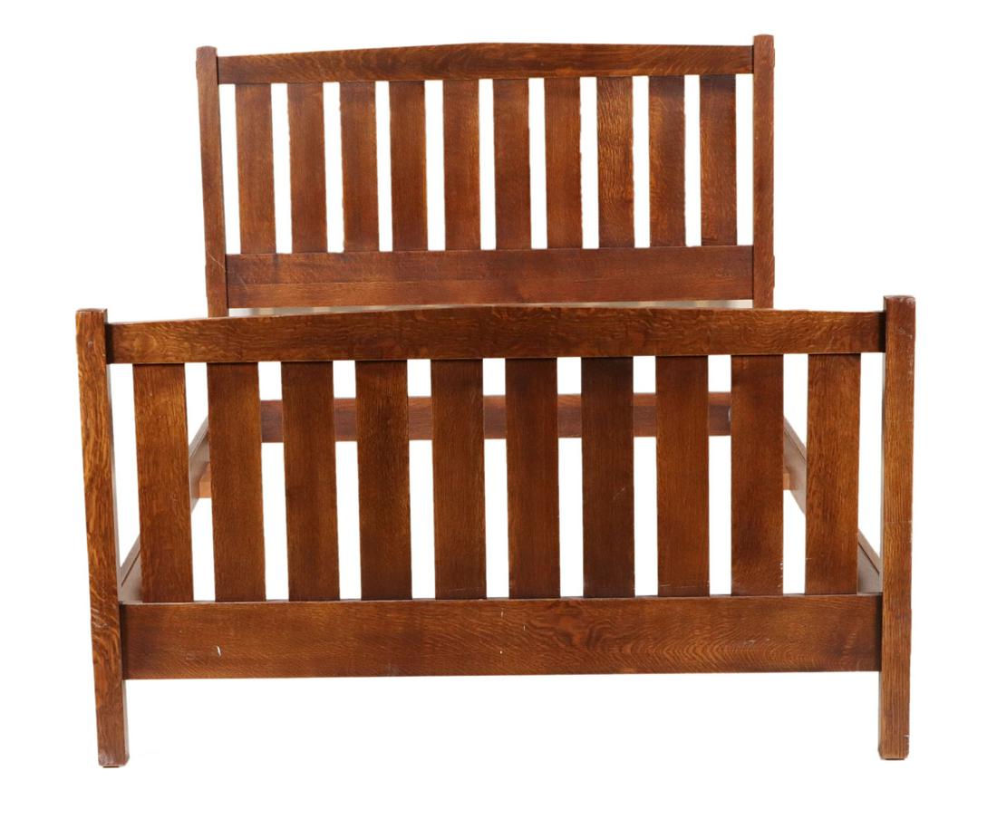 Stickley Oak Full Bedstead: Stamped on back. 47-1/2"h x 4'9"w x 6'8"d