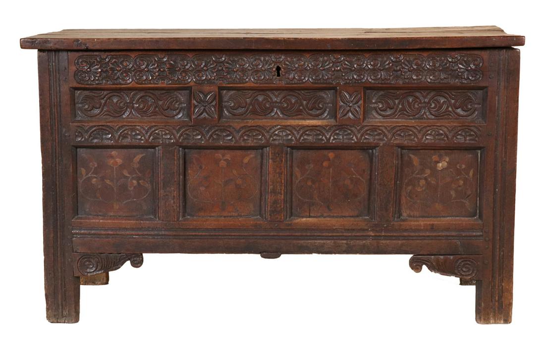 Jacobean Style Carved and Inlaid Oak Coffer (1 of 11)