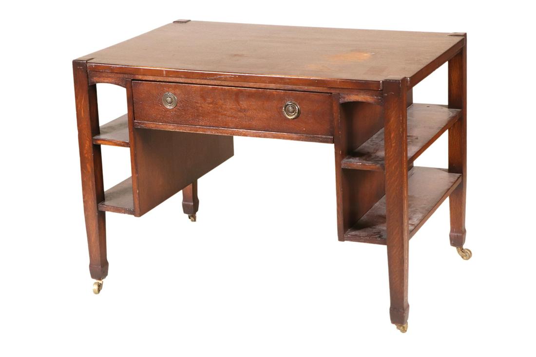 Arts and Crafts Style Oak Writing Desk: 20th C. One drawer pull missing, surface distress, scratches. 30-1/2"h x 42"w x 28"d