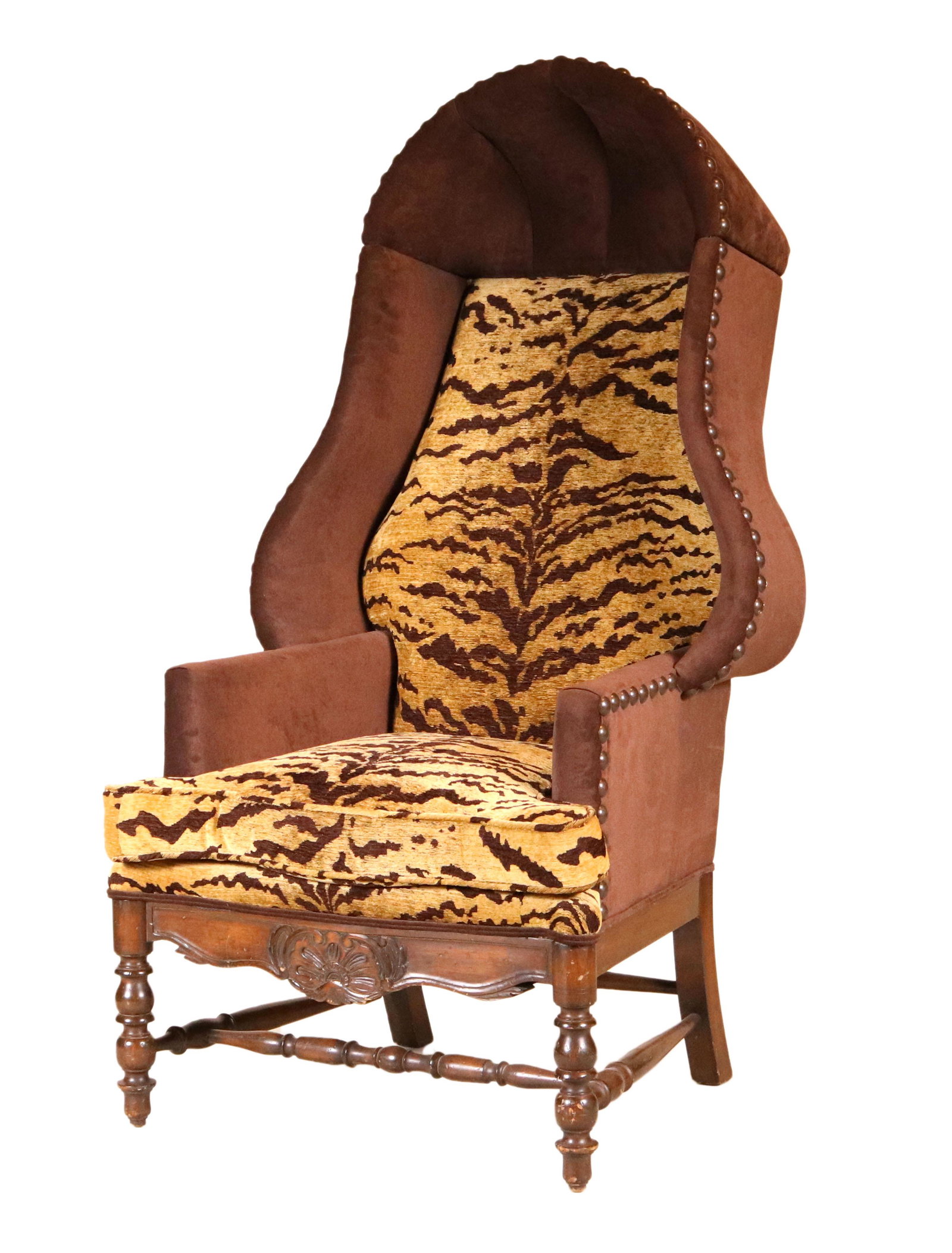 Carved Walnut Upholstered Porter's Chair: French Taste, 20th C., with faux-tiger and brown suede upholstery 4'9"h x 29"w x 25"d