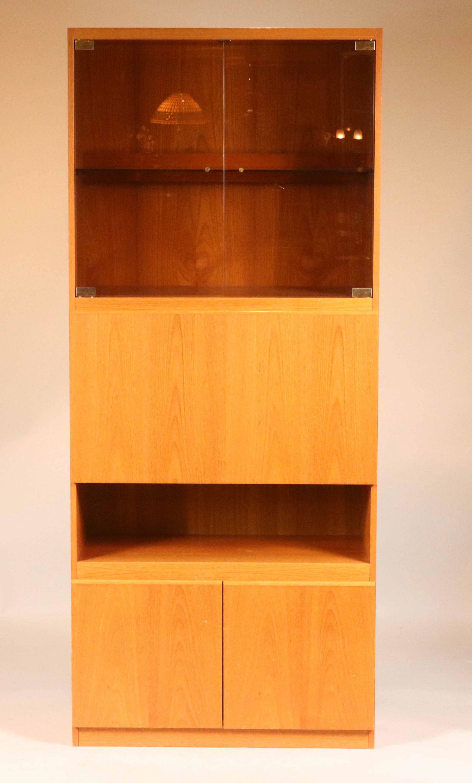 Danish Modern Teakwood Fall Front Bar: 20th/21st C., with glass doors above fall front Stains to lower side 6'5-1/4"h x 32-1/2"w x 17"d