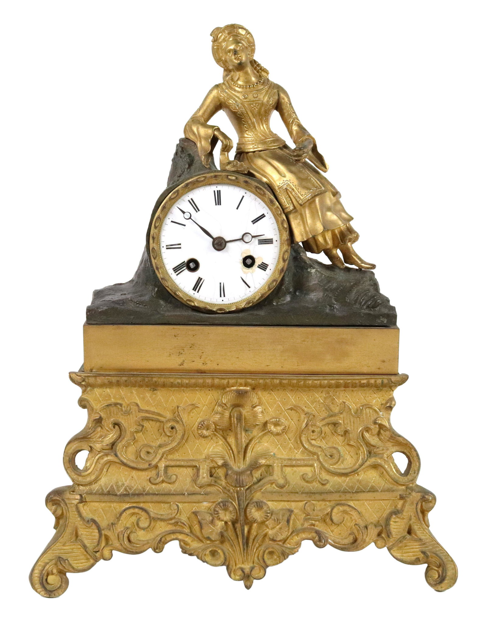 Neoclassical Figural Gilt-Metal Mantel Clock: 19th/20th C. Cracks and losses to dial 13-1/2"h x 10-1/2"w x 4-1/4"d
