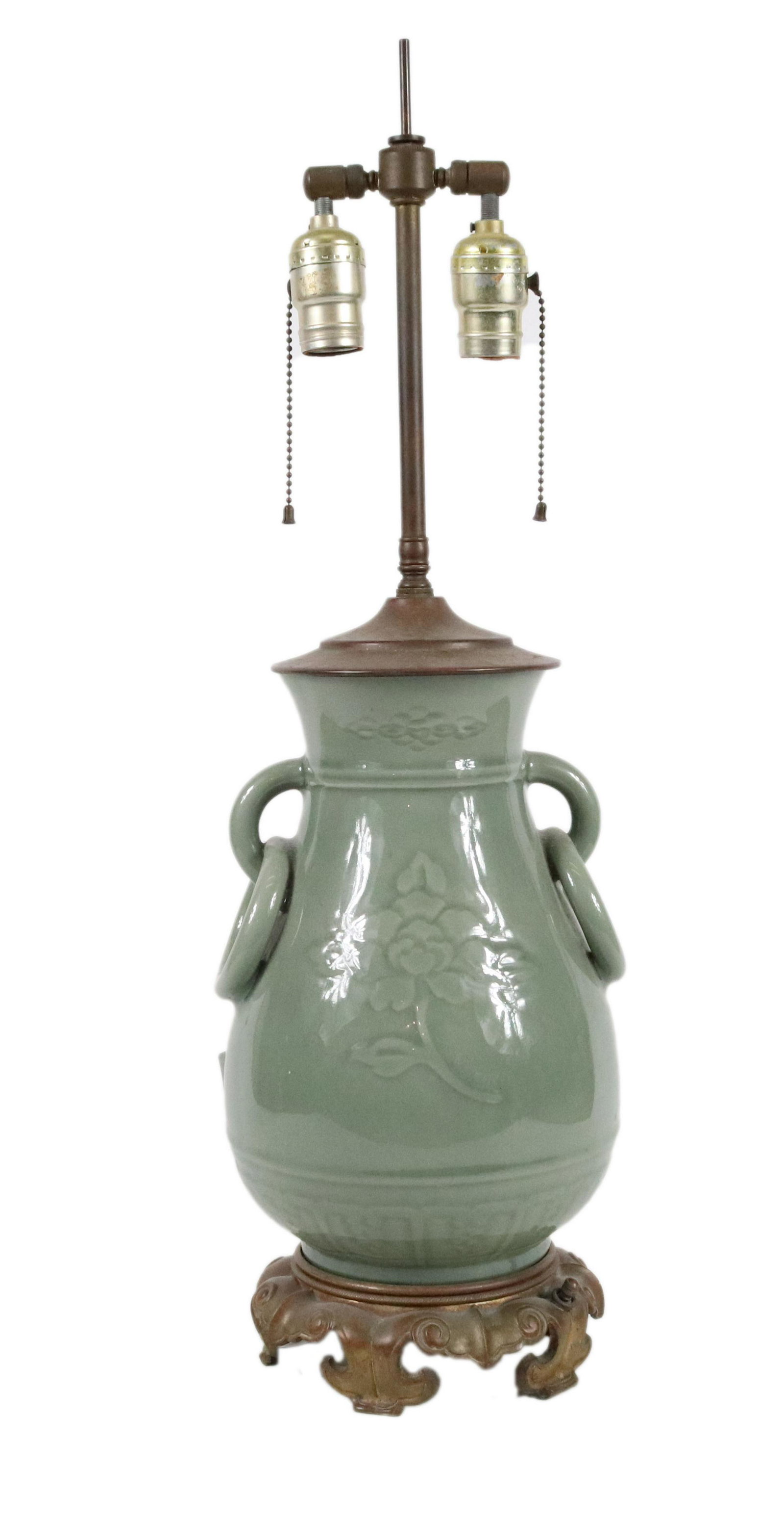 Contemporary Celadon Porcelain Vase: 20th C., fitted as a lamp on metal base Vase: appx. 11-3/4"h, appx. 26"h overall