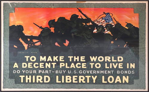 Herbert Paus, World War I Era Color Lithograph: (American, 1880-1946) with slogan "To Make the World a Decent Place to Live In...Invest in the Third Liberty Loan", published by Edwards & Deutsch lithograph company, Chicago26"h x 56"w