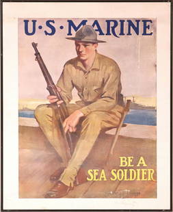 Clarence Underwood U.S. Marine Poster: (American, 1871-1929) Lithograph, with slogan "U.S. Marine: Be a Sea Soldier", ca. 1909Damage to bottom41"h x 20"w