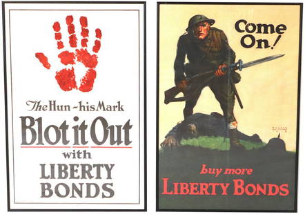 Two World War I Era War Bond Posters: Comprising "Come On!" by Walter Whitehead, 1918, 29”h x 19”w, and "The Hun: His Mark, Blot it Out" by J. Allen St. John (American, 1875-1957), published by Manz Engraving Co., Chicago,