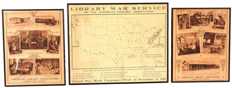 Three American Library Association Posters: Comprising two posters with photographs of ALA camps and a third showing a map of all ALA war service locations in the United States in November 1918Sizes from 19"h x 15-1/4"w to 20-3/4"h x 25"w