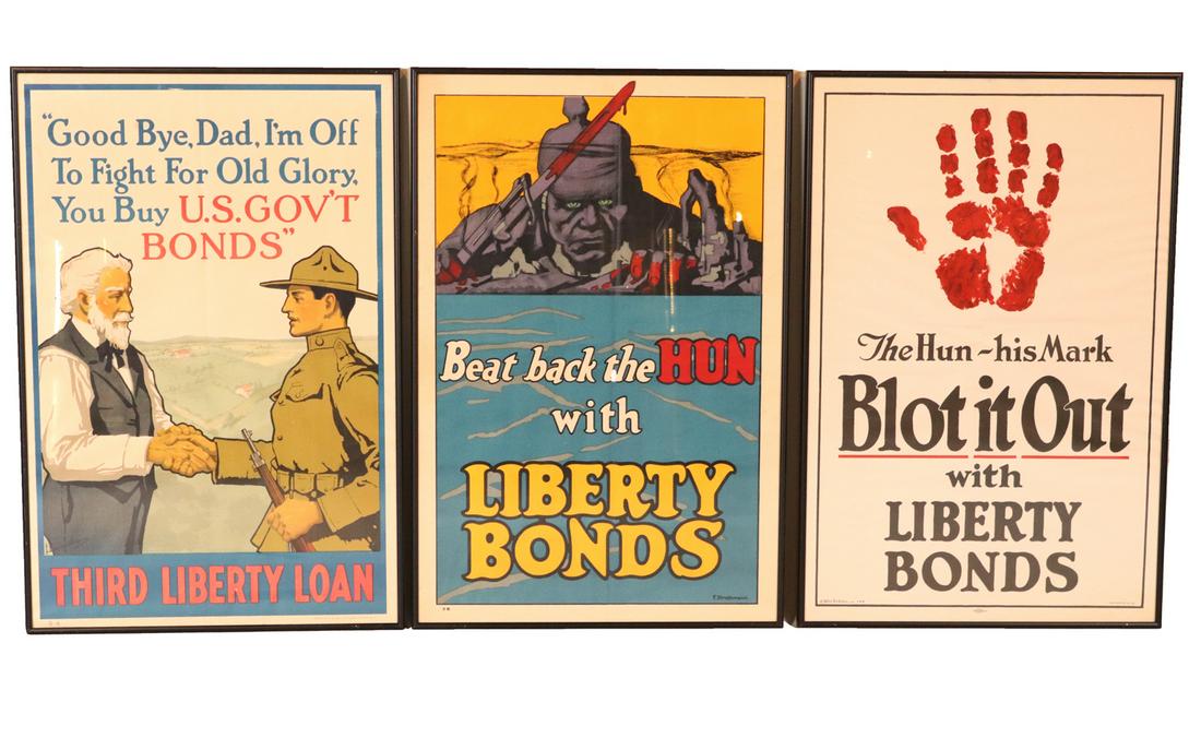 Three World War I Era War Bond Posters: Comprising "Goodbye Dad, I'm off to fight for Old Glory", Lawrence S. Harris, published by Sackett & Wilhems Corp., New York, 29”h x 19”w; "Beat Back the Hun with Liberty Bonds", Frederick