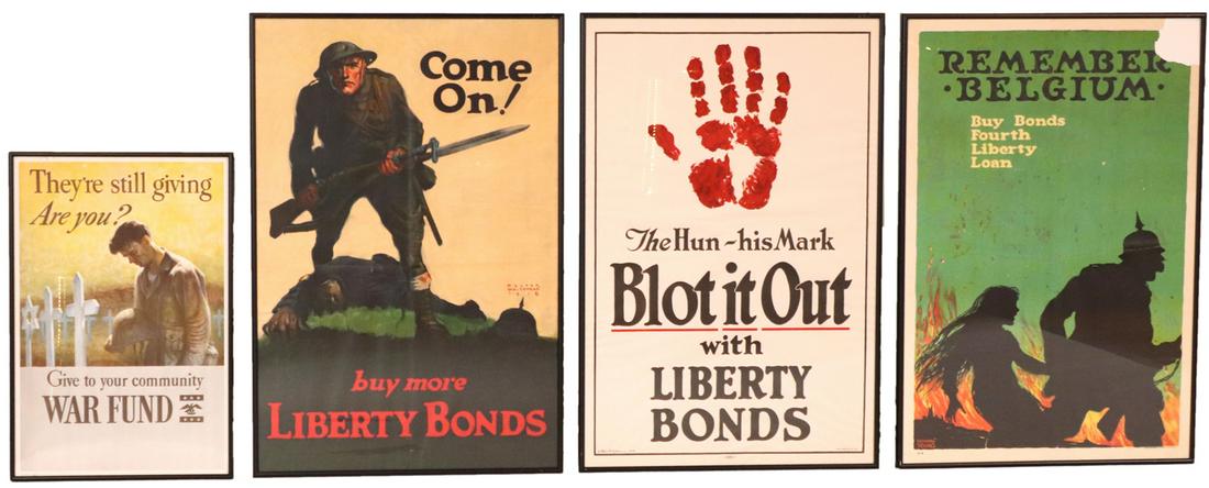 Four World War I Era Posters: Comprising "Come On!” by Walter Whitehead, 1918, 29”h x 19”w; "Remember Belgium” by Ellsworth Young (American, 1866-1952), 29”h x 19”w; "The Hun: His Mark, Blot it 