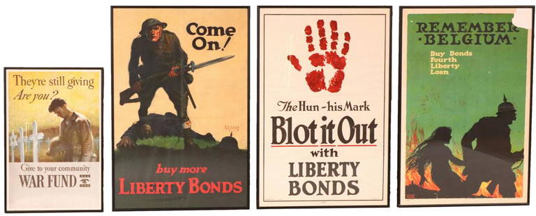 Four World War I Era Posters: Comprising "Come On!” by Walter Whitehead, 1918, 29”h x 19”w; "Remember Belgium” by Ellsworth Young (American, 1866-1952), 29”h x 19”w; "The Hun: His Mark, Blot it