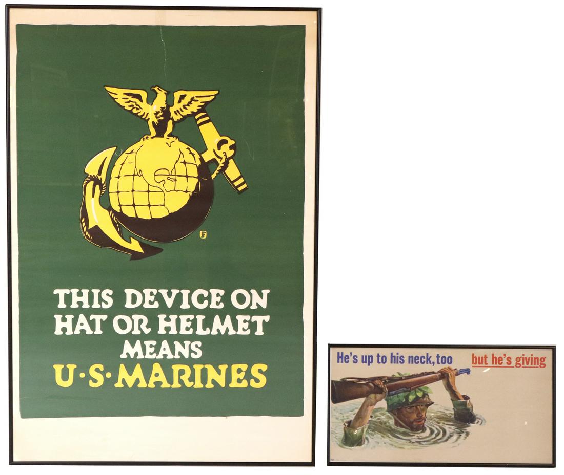 World War II Era U.S. Marine Poster: Color lithograph with slogan “This Device on a Hat or Helmet Means U.S. Marine”, together with “He’s Up to His Neck Too” The first: 42”h x 28”w The second: 10