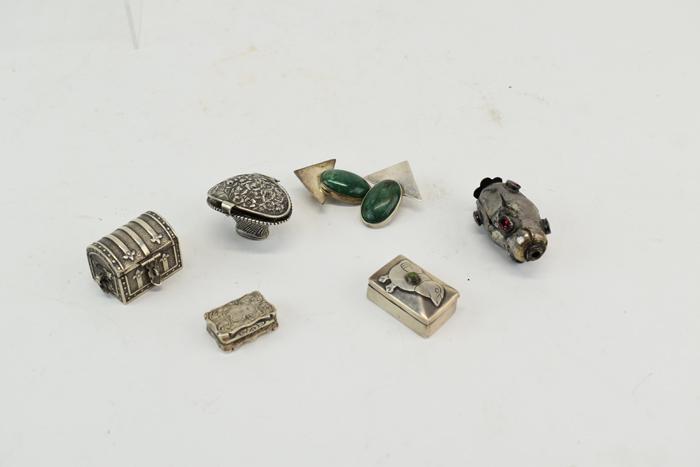 Silver Pill Boxes, Mexico Green Stone Earrings: Silver Pill Boxes, Mexico Green Stone Earrings, comprised of a Sterling marked basket of flowers pill box, a Mexico treasure chest pill box, a Silver Taxco bird and green stone decorated pill box, a p