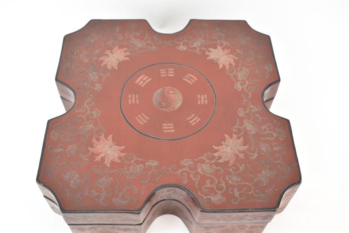 Old Red Lacquered Asian Box: Old Red Lacquered Asian Box of irregular form with fish Overall good condition with general surface wear, a few flakes, chips and losses. 3-3/4"h x 13"w x 13"d