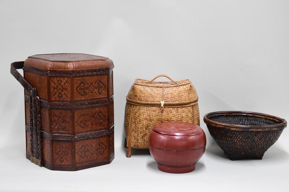 Group of Woven Baskets and Boxes: Group of Woven Baskets and Boxes, comprising a large woven Bento box: 20"h x 16-1/8"w x 14-1/4"d; a light tan woven footed basket: appx. 16"h x appx. 14"w x 8-1/4"d; a round dark brown basket: 8"h x 1