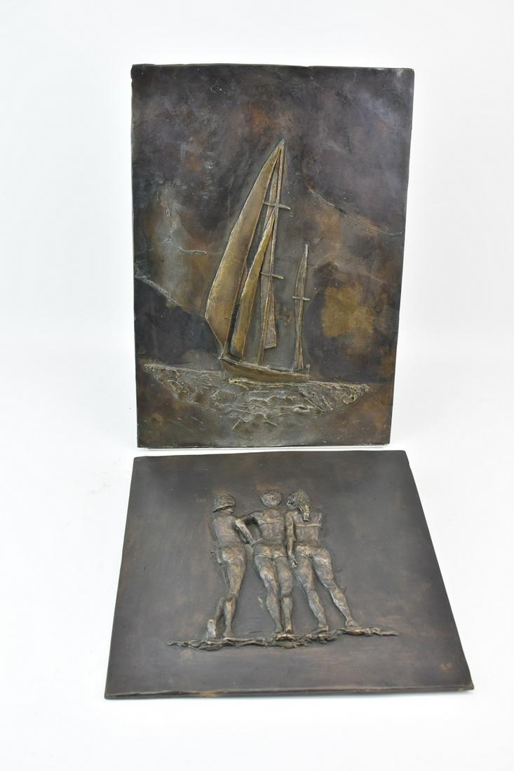 Two Bronze Art Sculpture Plaques: Two Bronze Art Sculpture Plaques with metal stand, both appear unsigned, one depicting a sail boat at sea, the other depicting rear view of three women wearing a bathing suits. Stand displays one plaq