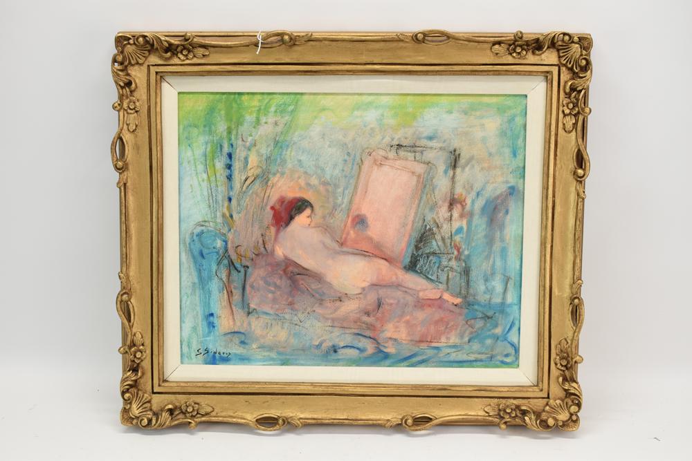 Stephanos Sideris, Oil on Canvas, Reclining Nude: Stephanos Sideris, Oil on Canvas, Reclining Nude (1921-1978) reclining nude wearing red head scarf, her reflection shown in mirror, signed "S Sideris" l.l.c. Used condition Overall: 22"h x 26"w Sight:
