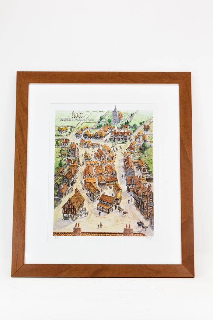 Mick Bensley Holt Market Place Signed Print: Mick Bensley Holt Market Place ca. 1700 Framed Print, signed l.r. in pencil "M. Bensley," numbered l.l. in pencil "63/125", label on back from Greenwich Gallery, New York Overall: appx. 22-1/2"h x 26"