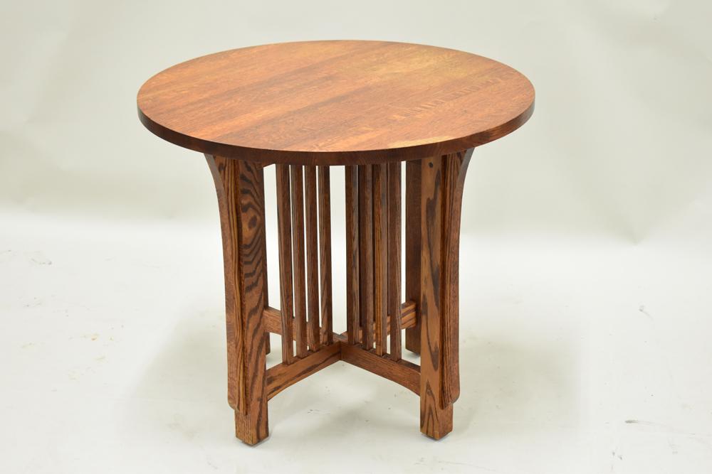 Oak Stickley Style Mission Side Table: Oak Stickley Style Mission Side Table Used condition with wear, surface distress, fading to top 26-1/4"h x 30"dia