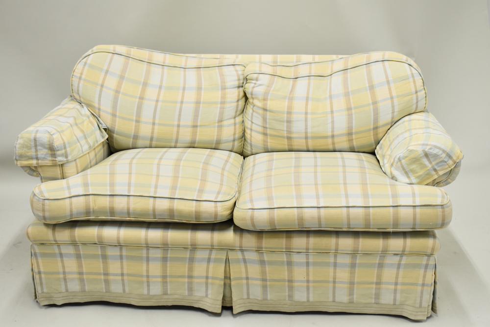 Cowan & Tout Upholstered Plaid Loveseat: Cowan & Tout Upholstered Plaid Loveseat Beige, yellow, blue, light brown in pattern, box-pleated Used condition, wear/worn, some fading/stains, overall good Appx. 30"h x 58"w x 36"d x 18"h seat