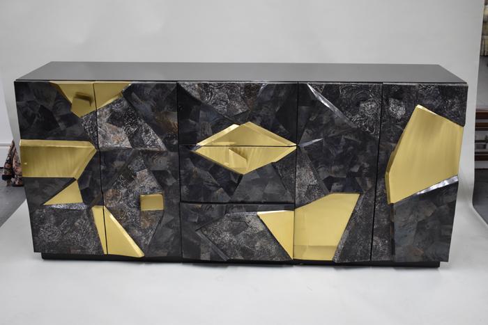 Modern Contemporary Credenza Mixed Metal & Stone: Modern Contemporary Credenza Mixed Metal & Stone facade, Paul Evans style sideboard, three drawers at center flanked by two pairs doors Used condition, wear/worn, chips Appx. 36"h x 78-7/8"w x 21-1/4"