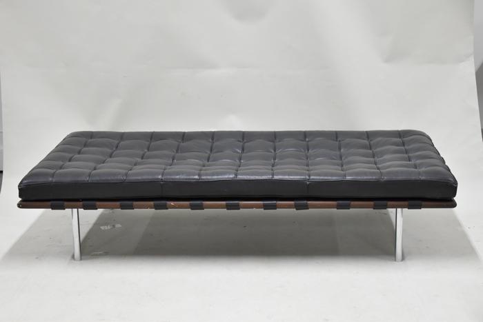 Mid Century Modern Style Daybed Chaise Lounge: Mid Century Modern Style Daybed Chaise Lounge having black leather top cushion. Barcelona daybed style/long chaise lounge Used condition, wear/worn 77"l x 38"w x 16"h to cushion top