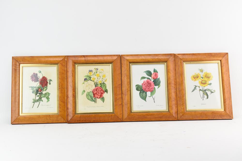 Four Assorted Framed Floral Study Prints: Four Assorted Framed Floral Study Prints depicting various florals, from various artists, each mounted in matching maple wood frames Used condition, wear, worn, some losses to frames Each overall: 10"