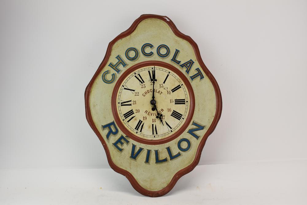 Vintage French Chocolat Revillon Advert Clock: Vintage French Chocolat Revillon Advertising Clock Used condition, wear, worn, surface distress, losses, dent, scratches, unknown working condition 23"h X 17-1/2"w