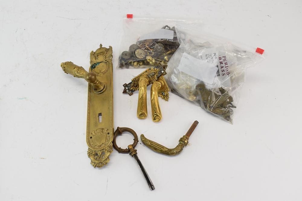Assorted Victorian Gilt Door Handles: Assorted Victorian Gilt Ornate Door Handles including Y & T 5353. Together with antique and vintage brass hardware including drawer pulls, knobs, and more Used condition, wear, worn, surface distress,
