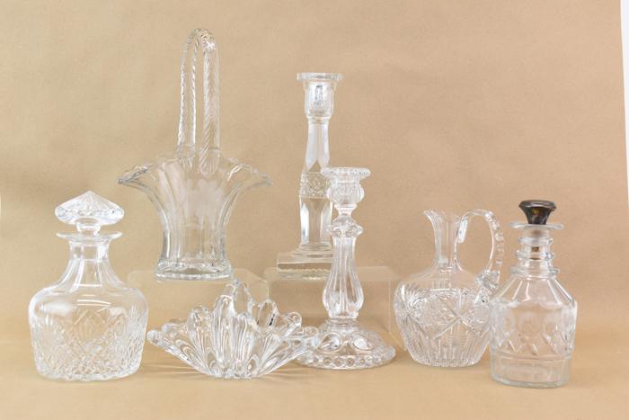 Glass Tableware Decanter Basket Candlesticks: Glass Tableware Decanters Baskets Candlesticks, the tallest decanter 8"h and marked "Royal Grinley" on base. American Brilliant example with Tiffany Sterling stopper 7-1/8"h. Pouring vessel 7-1/4"h, c