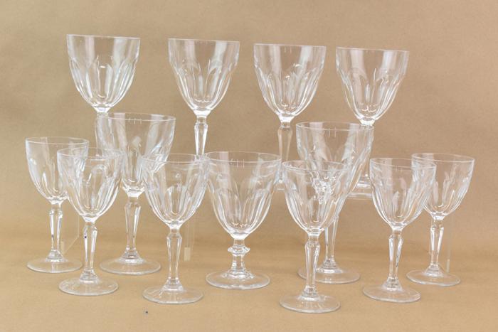 Glass Stemware Wine Goblets & Cordial Glasses: Glass Stemware Wine Goblets & Cordial Glasses, a set of six of each, plus one odd size. The taller set of six measures 7-3/8"h and the smaller set of six measures 6"h, the singleton is 5-7/8"h, the gl