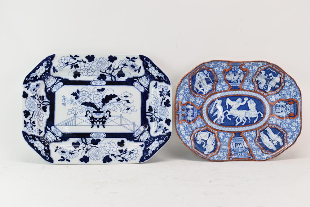 Two Blue & White Platters Spode Greek & Floral: Two Blue & White Platters Spode Greek & Floral examples, the Spode Greek measuring 16-5/8" x 13" and of blue and white with red trim, general light surface wear and scratching, some utensil marks and 