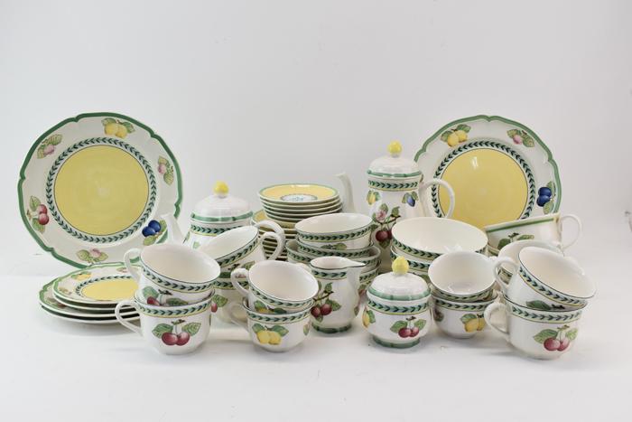 Partial Tea Coffee Villeroy & Boch French Garden: Partial Tea Coffee Villeroy & Boch French Garden set, comprising 1 9"h coffeepot, 1 6-3/4"h teapot, 6 coffee cups, 6 teacups, 6 5-1/2"dia saucers, 6 6-3/4"dia saucers, 1 cream pitcher, 1 covered sugar