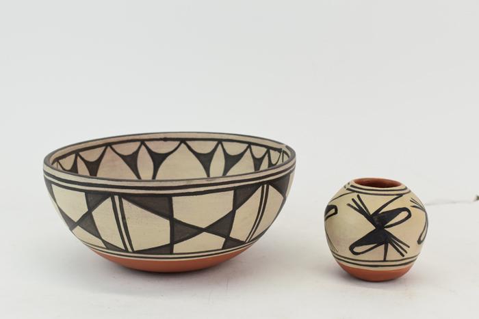 Robert Tenorio Pueblo Pottery Vessel: Robert Tenorio Pueblo Pottery Vessel, together with an Arthur and Hilda Pueblo Pottery bowl Used condition Tenorio Vessel: 3"h x 3-1/8"dia