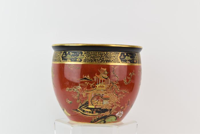 Carlton Ware Rouge Royal Style Planter Vase: Carlton Ware Rouge Royal Style Planter Vase, Art Deco style depicting Asian pagoda and floral motifs General surface wear, otherwise general good condition, no chips or cracks 8"h x 9-1/2"w