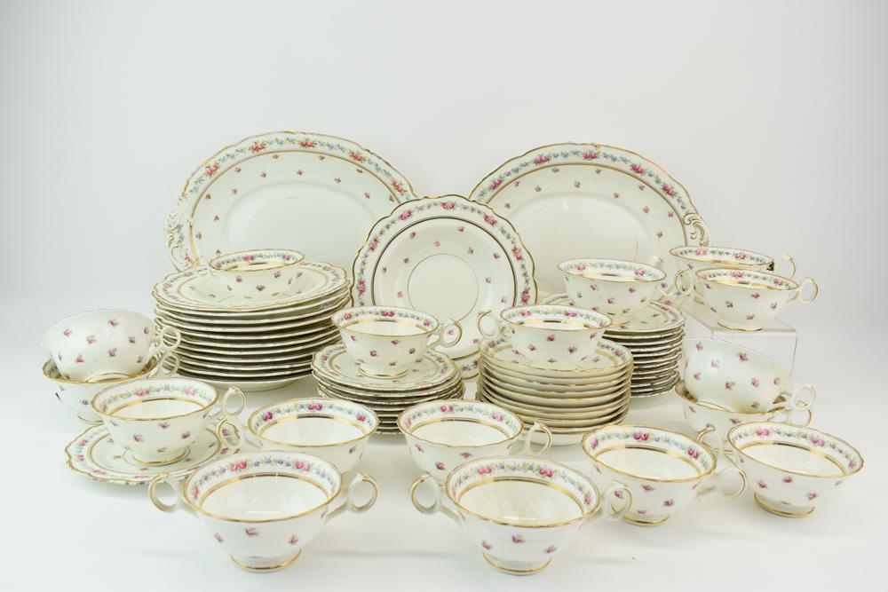 Partial Brown Westhead Moore of Cauldon 3616: Vintage Partial Brown Westhead Moore & Co of Cauldon 3616 pattern having multi color all over floral design, comprising 2 serving platters 14"l, 12 cups, 31 saucers of varying sizes, 12 bowls 8-3/4"di