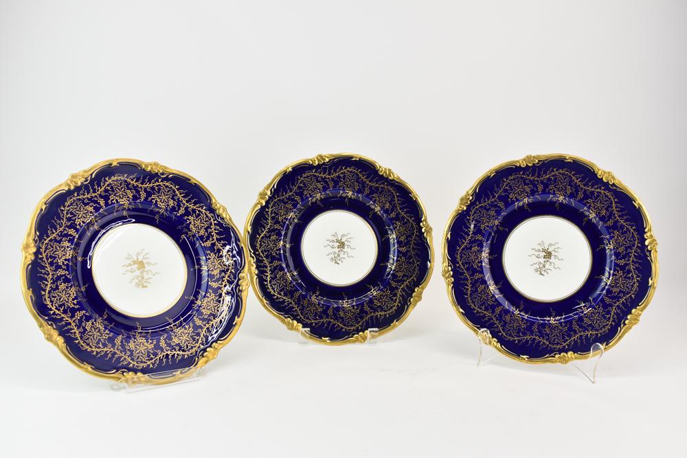 Three Royal Doulton Cobalt Kings Plates: Three Royal Doulton Cobalt "Kings Plate" dinner plates Used condition, surface distress Each 10-5/8"dia