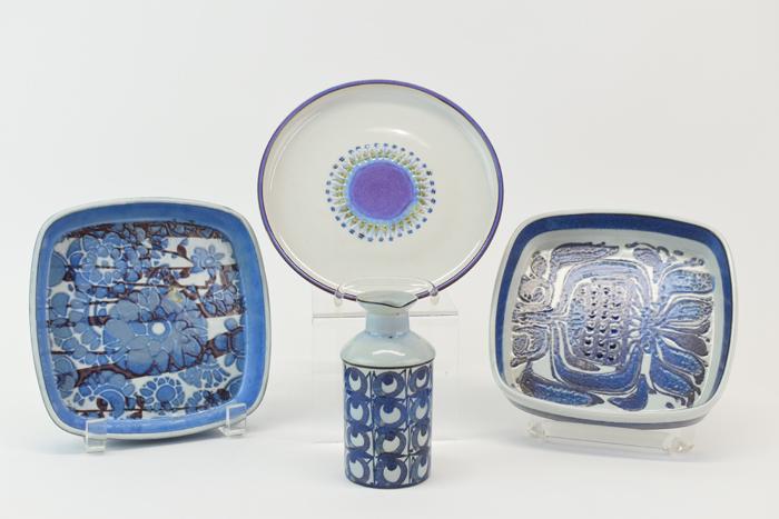 Group of Vintage Royal Copenhagen Tableware: Group of Vintage Royal Copenhagen Aluminia Faience Danish Tableware including two square form dishes, one round dish, and a small vessel Used condition Largest plate: 6-3/4"l x 6-3/4"w x 1-1/4"h