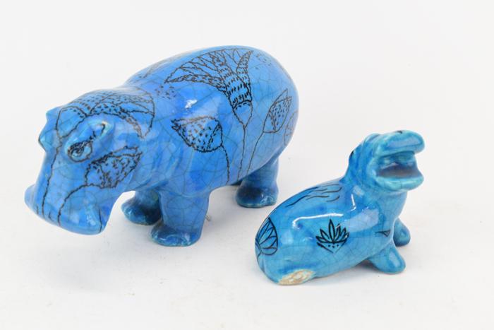 Italian Faience Art Pottery of William The Hippo: Italian Faience Art Pottery of William The Hippo, together with another Faience art pottery hippo marked Metropolitan Museum Used condition, William has minor chips at feet and ears William: 7-1/2"h x