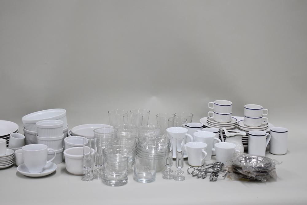Large Group of Assorted Table and Dinner Wares: Large Group of Assorted Table and Dinner Wares including and assortment of plates, cups, bowls, platters, various glasses, and other items, by various makers including HIC, Dansk, Arcoroc, Durex Used 