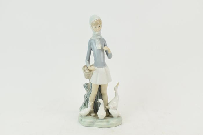 Lladro Girl Collecting Eggs with Geese: Lladro Girl Collecting Eggs with Geese at her feet Missing her parasol and the handle to egg basket is also missing; besides aforementioned losses, no chips, cracks, or repairs 9-5/8"h x appx. 4-3/8" 